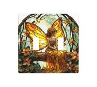 Placca di copertura per luce da parete, motivo fata seduta sul tronco della foresta, colore giallo e arancione, dimensioni standard, 11,4 x 11,4 cm