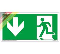 Placca di Issue der Soccorso | Uscita di Soccorso | Luminescenza extra lunga | PVC adesivo 297 x 148 mm | secondo ISO 7010 | Freccia sinistra verso il basso | Percorso di perdita | Dreifke® extra 160