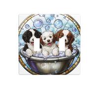 Placca di vetro colorato con tre cuccioli nella vasca da bagno, doppia banda, interruttore a levetta, decorazione per interruttore di dimensioni standard - 11,4 x 11,4 cm