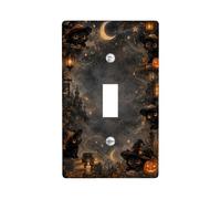 Placca interruttore a levetta a tema Halloween con gatto stregone | Cappelli da strega, lanterne luminose, mezzaluna, architettura gotica, foglie autunnali, magica notte stellata
