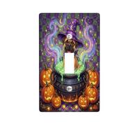Placca interruttore a levetta a tema Halloween Wizard Dog Witchy | Cappello da mago, Calderone Bollicante, Jack-o'-lanterne incandescenti, fumo mistico, sfondo a scacchi