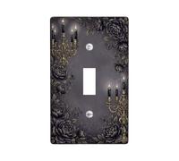 Placca interruttore a levetta con rosa nera e candelabro gotico | Motivo floreale gotico, accenti dorati vittoriani, arredamento interno scuro Moody, elegante estetica a lume di candela