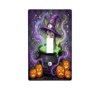 Placca interruttore a levetta per Halloween con asino strega | Cappello da strega, calderone, Jack-o-lanterns, fumo magico, sfondo a scacchiera