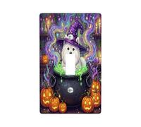 Placca interruttore a levetta per Halloween con cane mago magico | Fantasioso cane mago, calderone gorgogliante, lanterne Jack-o'-lanterne, fumo magico, decorazione per la casa spettrale