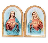 Placca pieghevole in legno sacro cuore di Gesù e il cuore immacolato di Maria con riflessi dorati, ornamento religioso