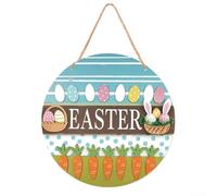 Placca rotonda a tema pasquale con coniglietto e motivo floreale su materiale in legno da appendere su porte e pareti (verde)