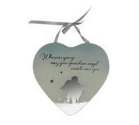 Placchetta a forma di cuore da appendere, con sagoma a specchio e frase dell’angelo custode “Wherever you go may your guardian angel watch over you”