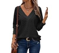Placitiume Camicette ricamate in pizzo da donna - Top casual eleganti con scollo a V a maniche lunghe con bottoni per l'autunno 2024