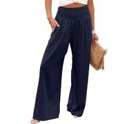 Placitiume Pantaloni a palazzo da donna in lino con tasca fluidi gamba larga vita alta casual lounge pantaloni, blu navy, XXL