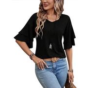 Placitiume Top con maniche a volant da donna con scollo a V camicette casual manica a campana maglietta carina vestiti primavera estate, Nero , M