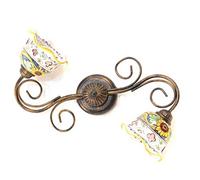 Plafoniera classica a 2 luci in ferro battuto e ceramica realizzata e decorata artigianalmente coll. candida