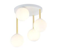 Plafoniera Contemporanea 4 Luci Teseo In Acciaio Bianco Oro E Sfere Vetro Bianco
