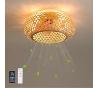 Plafoniera E27 con Ventilatore Boho Rattan Stile Vintage in bambù Illuminazione a soffitto in Fattoria Lampadari con Paralume in bambù Intrecciato Lampada con Telecomando 50CM Lampada a sosp