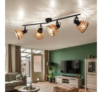 Plafoniera faretto da soffitto sala da pranzo plafoniere in rete di bambù in legno con faretti orientabili, metallo nero, 4x attacco E27, LxLxP 80x13x19 cm