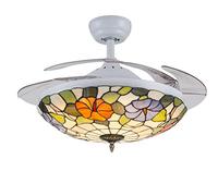 Plafoniera in stile Tiffany di colore bianco con telecomando di Luce della Fan lampada da soffitto Ventilatore Vetro colorato Camera da letto lampada a ventaglio nascosta da soggiorno 50 cm,Bianca