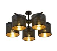 Plafoniera Industrial 5 Luci Cigno In Acciaio Nero E Paralumi A Cilindro Oro