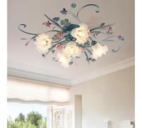 Plafoniera Led Soffitto Di Stile Country,Lampadario Con Paralume In Vetro E Rose In Ceramica Rosa,Lampadari Dal Design Floreale Vintage Per Soggiorno Camera Da Letto Ristorante Corridoio
