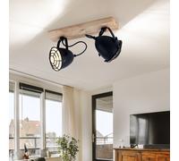 Eglo lampada da soffitto Gatebeck, 2 luci vintage, industriale, retrò, faretto da soffitto in acciaio in nero e legno in colore naturale, lampada da soggiorno, lampada da cucina con attacco E14
