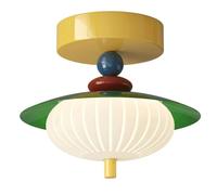 Plafoniera Moderna in Stile Artistico, a Forma Di Lanterna Scanalata, con Strati Geometrici a Blocchi Di Colore, Finitura Gialla, Paralume in Pe Bianco, Montaggio a Filo Soffitto, Plafond, Cameretta,