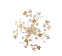 Plafoniera Shabby Edera 4 Luci Ferro Battuto Avorio Oro Con Foglie E Cristalli