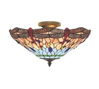 Plafoniera Tiffany Libellula Metallo Ottone Vetro 3 Luci E14