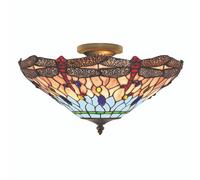 Plafoniera Tiffany Libellula Metallo Ottone Vetro 3 Luci E14