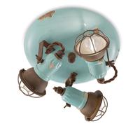 Plafoniera Vintage Loft Ferro E Ceramica Con Rete Azzurro 3 Luci E14