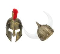 PLAFOPE 2 Pezzi Cappello Vichingo per Adulti Corna Marroni, Elmo Romano da Uomo Dorato, Casco da Soldato per Costume Romano e Accessorio Carnevale Cosplay