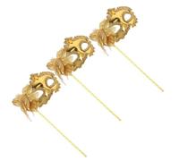 PLAFOPE Maschera Veneziana Donna 3 Pezzi Oro in Plastica, Design Creativo Cristalli, Maschere Handheld Comode per Halloween e Feste in Maschera