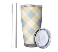 Plaid con coperchio e cannuccia bicchiere Tartan Disegni Artistici Estetica Bella fattoria giallo blu Acciaio Metallo Caldo e Freddo No Spill Ufficio Outdoor Club Dormitorio Tazza da caffè 590 ml