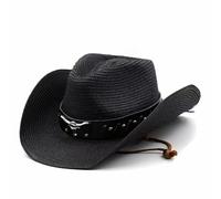 Plancholo Cappello da cowboy in paglia, cappello da spiaggia, cappello da sole a tesa larga Panama Fedora Cappello di paglia per l'estate all'aperto per uomo donna, Nero , Taglia unica