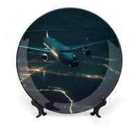 Plane Flying at Night Piatti decorativi in ceramica da 15,2 cm, piatti decorativi in porcellana Bone China con espositore fatto a mano ornamento in ceramica per casa, cucina, camera da letto
