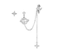 Planet CZ Moon Star Ear Cuff Wrap On Crawler Climber Hoop 925 Sterling Silver Post Stud Chain Threader Tassel Orecchini asimmetrici per le donne Carini ipoallergenici Regali Figlia Bff Natale, Piccolo