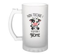 Planetee Boccale Birra con Scritta Personalizzato con Nome - Non Toccare! Mucca Kawaii di Cattivo Umore | Vetro Temperato Satinato 470 ml con Manico, Stampa Fronte Retro | Aperitivo Bar Partita