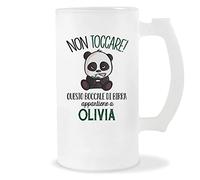 Planetee Boccale di Birra Olivia | Non Toccare Panda | Bicchieri da Birra Nome Messaggio Divertente Originale Idee Regali Anniversario Natale Valentino Divertenti