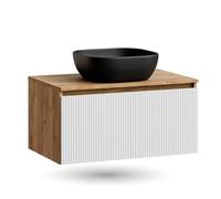 Planetmöbel Arisa - Set di mobili da bagno, 80 cm, colore: Oro rovere bianco (scanalato), lavabo 42 cm, colore: Nero