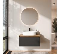 Planetmöbel Arisa - Set di mobili da bagno, composto da lavandino con mobiletto alla base da 80 cm in oro, rovere nero (con nervature) con specchio NOVA, lavandino da 55 cm bianco, incluso sifone