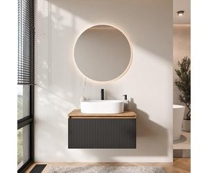 Planetmöbel Arisa - Set di mobili da bagno, composto da lavandino con mobiletto alla base da 80 cm in oro, rovere nero (con nervature) con specchio NOVA, lavandino da 55 cm bianco, incluso sifone