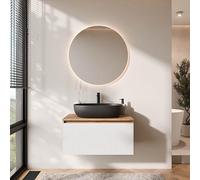 Planetmöbel Arisa - Set di mobili da bagno, composto da lavandino con mobiletto da 80 cm in oro, rovere bianco (con nervature) con specchio NOVA, lavandino da 60 cm nero, incluso sifone salvaspazio