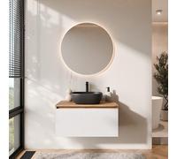 Planetmöbel Arisa - Set di mobili da bagno, composto da lavandino con mobiletto da 80 cm in oro, rovere bianco (con nervature) con specchio NOVA, lavandino da 42 cm nero, incluso sifone salvaspazio