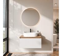 Planetmöbel Arisa - Set di mobili da bagno, composto da lavandino da 80 cm con mobiletto alla base in oro rovere bianco (satinato) con specchio NOVA, lavabo 55 cm bianco, incluso sifone salvaspazio