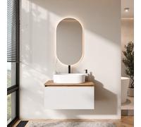 Planetmöbel Arisa - Set di mobili da bagno, composto da lavandino da 80 cm con mobiletto alla base in oro rovere bianco (con nervature) con specchio LED, lavabo da 55 cm bianco, incluso sifone