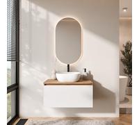 Planetmöbel Arisa - Set di mobili da bagno con mobiletto, 80 cm, colore oro rovere bianco, con specchio LED, 42 cm, colore: bianco, con sparsifone