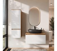 Planetmöbel Arisa - Set di mobili da bagno con mobiletto, 80 cm, colore oro rovere bianco, con specchio Glora e armadio alto, 60 cm, colore: Nero