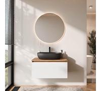 Planetmöbel Arisa - Set di mobili da bagno con mobiletto, 80 cm, colore oro rovere bianco, con specchio NOVA, 60 cm, colore: Nero