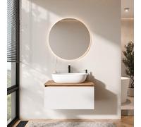 Planetmöbel Arisa - Set di mobili da bagno con mobiletto, 80 cm, colore oro rovere bianco, con specchio NOVA, 60 cm, colore: Bianco