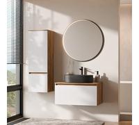 Planetmöbel Arisa - Set di mobili da bagno con mobiletto, 80 cm, colore oro rovere bianco, con specchio VELUNA e armadio alto, 55 cm, colore: Nero