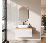 Planetmöbel Arisa - Set di mobili da bagno con mobiletto, 80 cm, colore oro rovere bianco, con specchio Glora, 60 cm, colore: Bianco