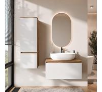 Planetmöbel Arisa - Set di mobili da bagno con mobiletto, 80 cm, colore oro rovere bianco, con specchio a LED e mobiletto alto, 60 cm, colore: Bianco