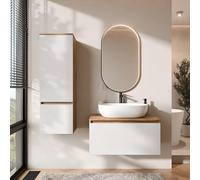 Planetmöbel Arisa - Set di mobili da bagno con mobiletto, 80 cm, colore oro rovere bianco, con specchio Glora e armadietto alto, 60 cm, colore: Bianco